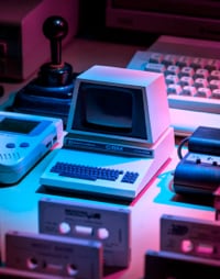 A white retro computer surrounded by an old white keyboard, a joystick and a GameBoy